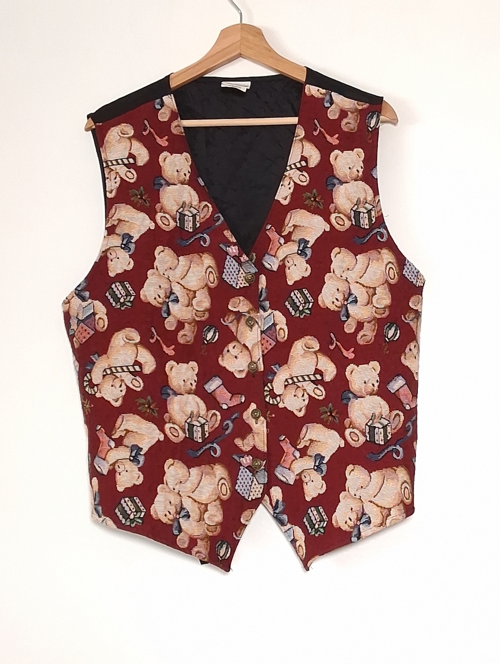 Bobbie Brooks Vest Tapestry Christmas Teddy Bear Holidays Theme Button Front